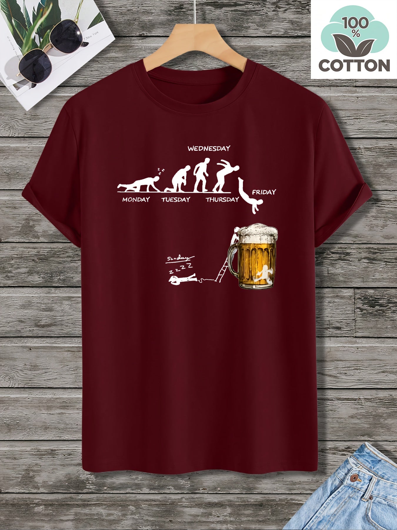 Men'S 100% Cotton Graphic T-Shirt - "Wednesday" Beer Mug Design, Casual Crew Neck, Short Sleeve, Regular Fit, 210g/㎡, Perfect for Barbecues & Parties, Party Tshirt | Playful Design | Durable Fabri