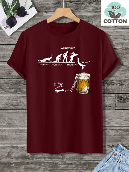 Men'S 100% Cotton Graphic T-Shirt - "Wednesday" Beer Mug Design, Casual Crew Neck, Short Sleeve, Regular Fit, 210g/㎡, Perfect for Barbecues & Parties, Party Tshirt | Playful Design | Durable Fabri