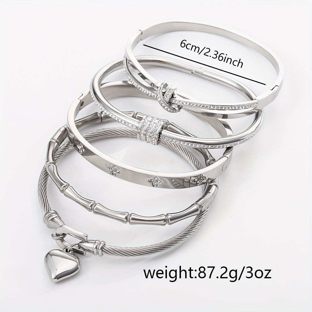 5pcs Classic Stainless Steel Cuff Bracelets, Waterproof and Rust-Resistant Silvery Women'S Light Luxury Rhinestone Bracelets, Suitable for Layering and Combination Matching, Unique Jewelry Accessories Gift