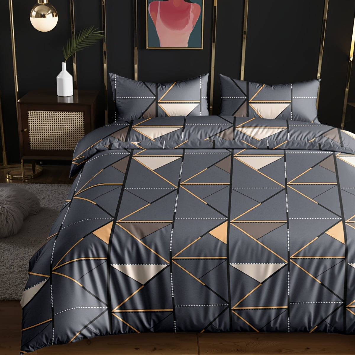 3pcs Set, Golden Striped Triangle Print Duvet Cover Bedding Kit, Soft and Comfortable Breathable, Suitable for Bedroom Guest Room School Dorm Decor 1 * Duvet Cover + 2 *, Pillowcases, Duvet Cover Set