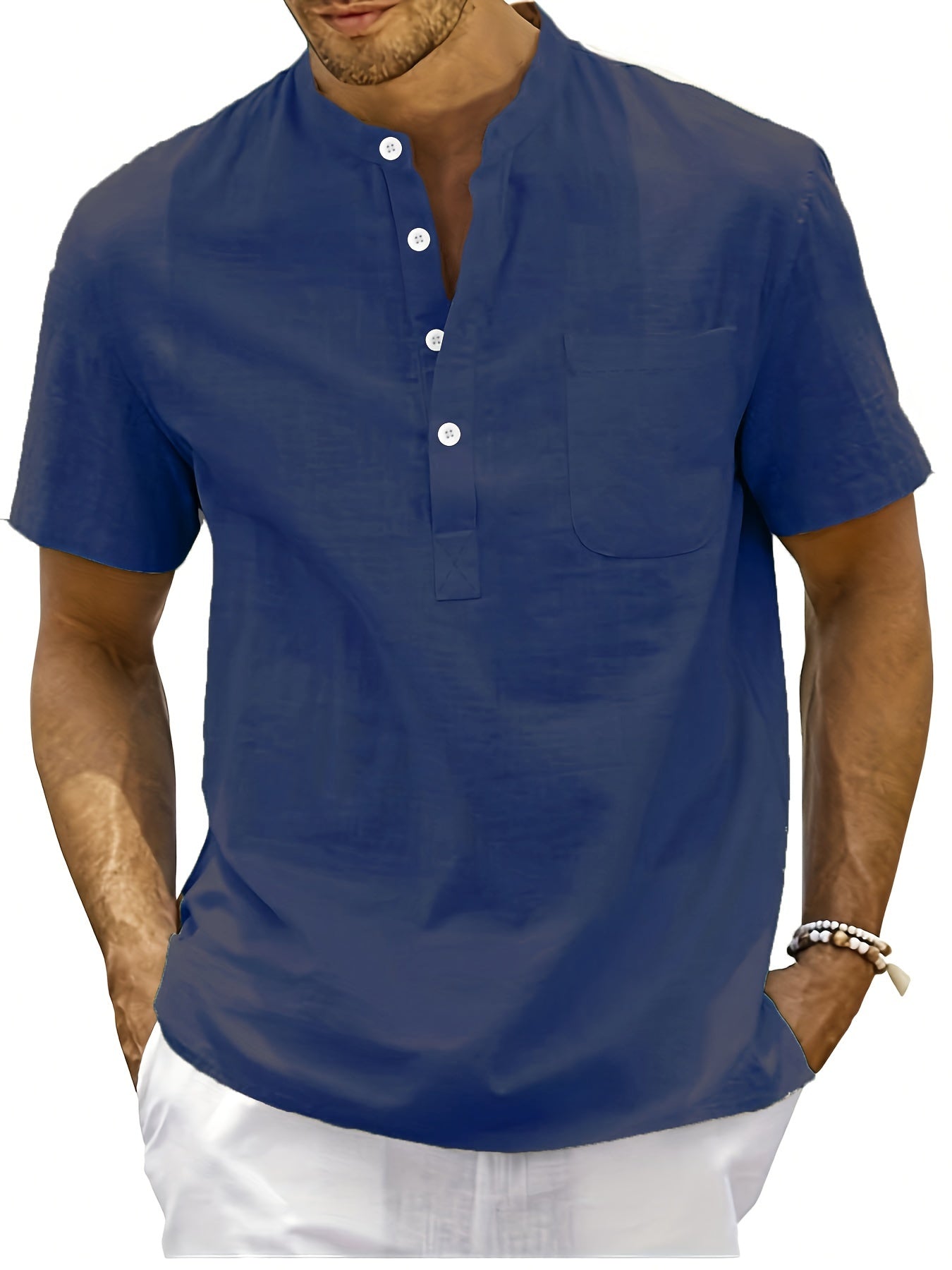 Men's Shirt Top, Solid Band Collar Short Sleeve Closure Summer Male Casual Henley Shirt For Daily Business Formal Shirts For Men