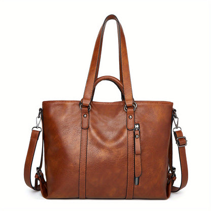 Women's Thickened Soft Synthetic Leather Tote & Crossbody Purse - Large Capacity Multi-Pocket Organizer with Removable Shoulder Strap, Zipper Closure, Oil-Edged Trim - Work, Travel, Casual Bag in Brown, Navy, Red, Black - Chr
