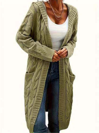 Women's Mid-Length Hooded Cardigan - Soft Stretchy Solid Color Long Sleeve Open Front Sweater with Pockets, Machine Washable Casual Elegance for Fall Winter, Everyday Comfort Wear, Stylish Hooded Design, Comfortable Fit