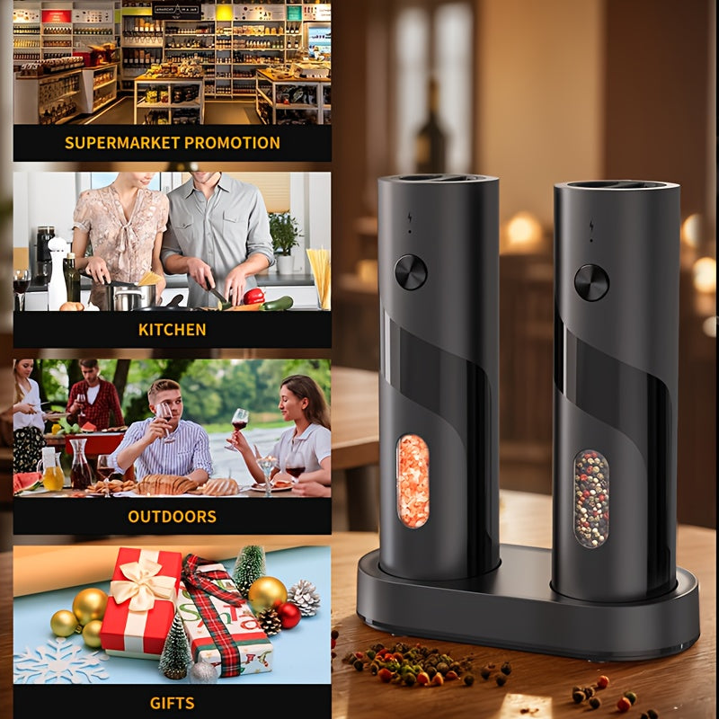 Two-piece portable electric pepper and salt grinder set, with base, USB charging, one-handed operation, adjustable coarseness, 300mAh battery capacity, interchangeable design, essential kitchen helper for cooking, perfect too