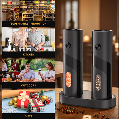 Two-piece portable electric pepper and salt grinder set, with base, USB charging, one-handed operation, adjustable coarseness, 300mAh battery capacity, interchangeable design, essential kitchen helper for cooking, perfect too