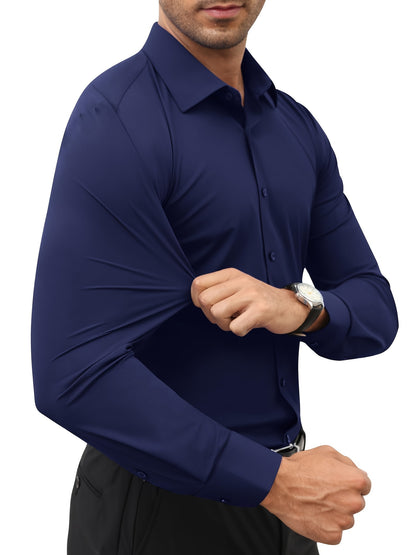 Men'S Slim Fit Long Sleeve Shirt - 55% Cotton, 40% Polyester, 5% Spandex, Solid Color, All-Season, Woven Fabric, Button-Up, Lapel Collar, Casual Weekend Wear, 125g/m²