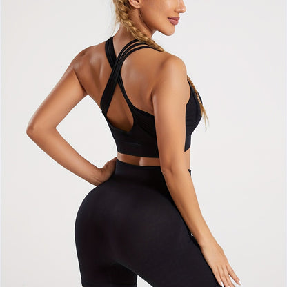 2pcs Yoga Workout Set, Criss Cross Sports Bra & High Waist Fitness Running Sports Shorts, Women's Activewear