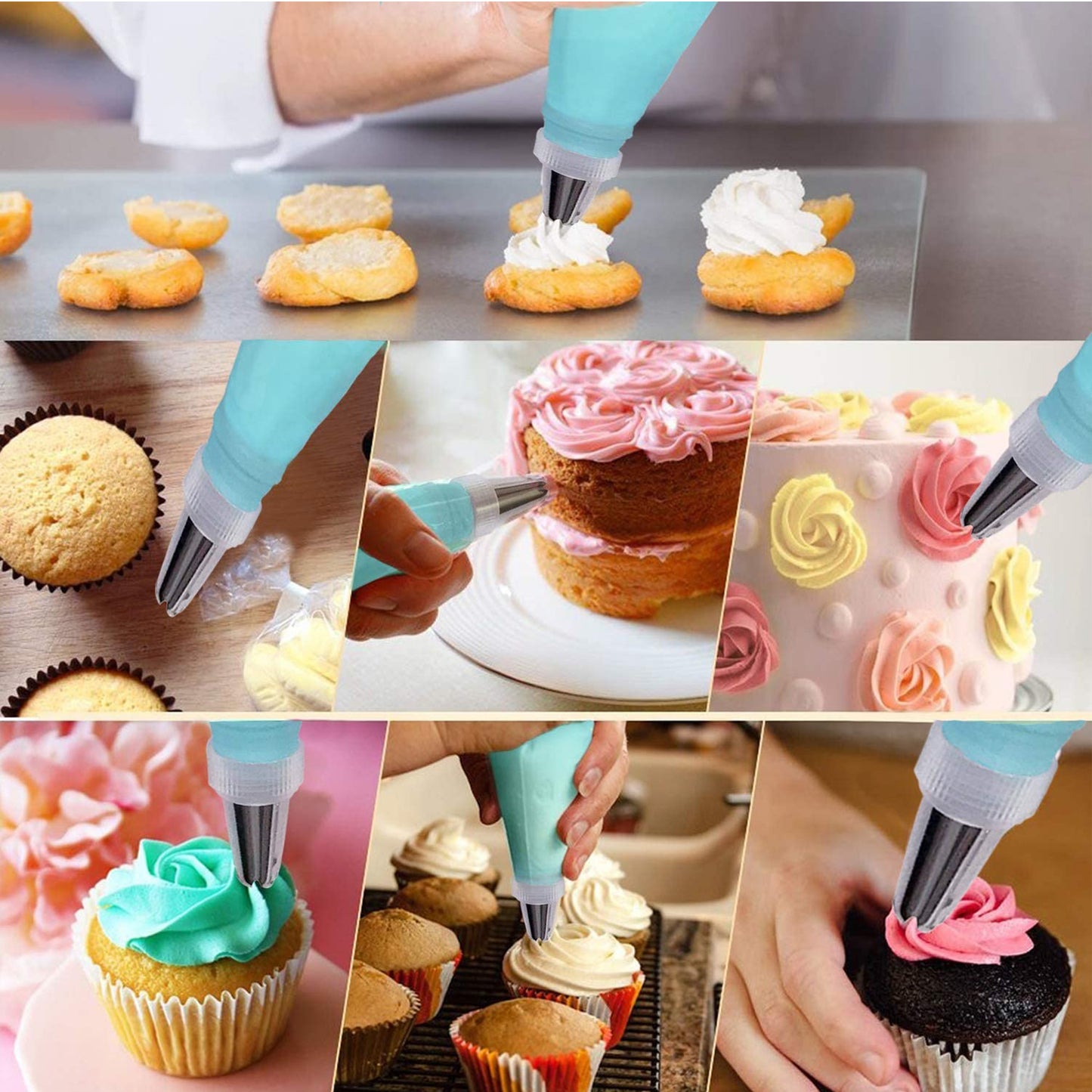 Kit de decoração de bolos com 8 peças, incluindo 1 saco de pasteleiro reutilizável em silicone, 6 bicos de pasteleiro e 1 adaptador. Ideal para decorar bolos em casa. Utensílios de cozinha, acessórios e acessórios para a cozinha.