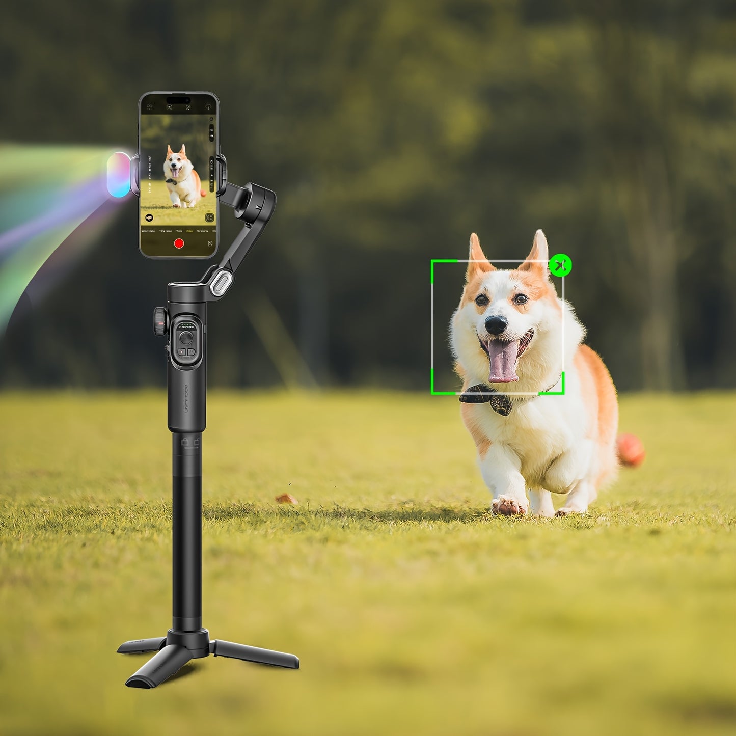 Estabilizador de telemóvel AOCHUAN de 3 eixos com IA 7.0 para estabilização, seguimento de rosto/objeto por IA, zoom e focagem, ideal para gravação de vídeos com smartphone. Capacidade de carga de 250g.