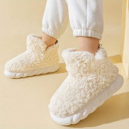 Women's Solid Color Fuzzy Slippers, High-top Round Toe Non-slip Thick Bottom Fluffy Warm Shoes, Winter Cozy Indoor Shoes