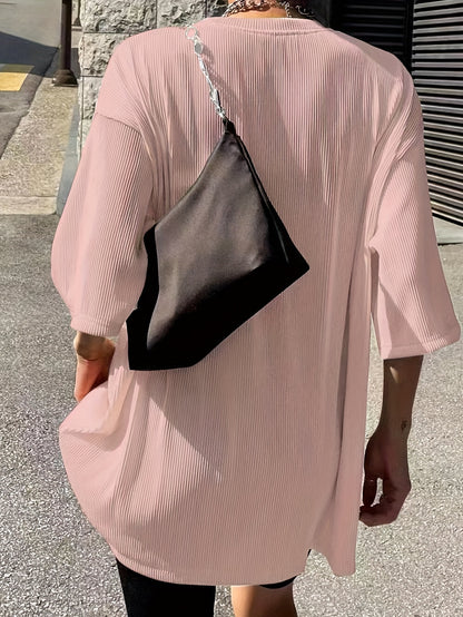 Oversized Drop Shoulder Ribbed T-Shirt, Casual Crew Neck Short Sleeve T-Shirt For Spring & Summer, Women's Clothing