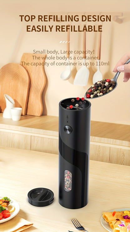 Two-piece portable electric pepper and salt grinder set, with base, USB charging, one-handed operation, adjustable coarseness, 300mAh battery capacity, interchangeable design, essential kitchen helper for cooking, perfect too