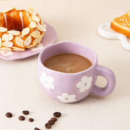1set YumiPLUS Handmade Floral Ceramic Mug and Saucer Set, Purple Irregular Flower Design, 220ml/7.4oz, Reusable, Insulated, Machine Washable, Multipurpose Coffee Cup for Tea, Milk, Gift for Her