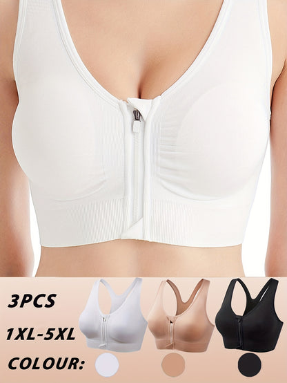 3pcs Plus Size Front Zipper Bras - No Underwire & Removable Pads, Breathable Mesh Running Bras for Women, 1XL-5XL (Navy/Black/Purple), Casual swear, Sleek y Look, Comfortable Fit