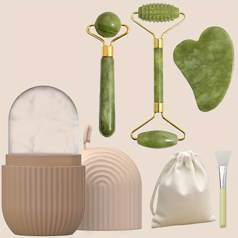 Kit de cuidados faciais luxuoso com 5 peças - Rolo de gelo e jade rejuvenescedor, ferramenta Gua Sha, escova de silicone macia para pele radiante, massagem para os olhos e relaxamento - Sem fragrância, sem bateria, fácil de usar e portátil