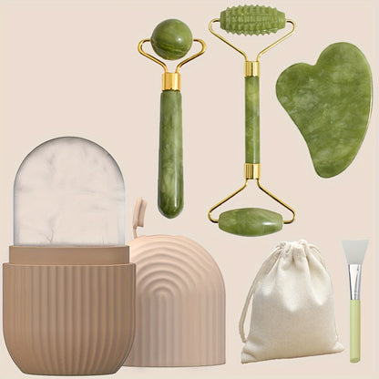 Kit de cuidados faciais luxuoso com 5 peças - Rolo de gelo e jade rejuvenescedor, ferramenta Gua Sha, escova de silicone macia para pele radiante, massagem para os olhos e relaxamento - Sem fragrância, sem bateria, fácil de usar e portátil