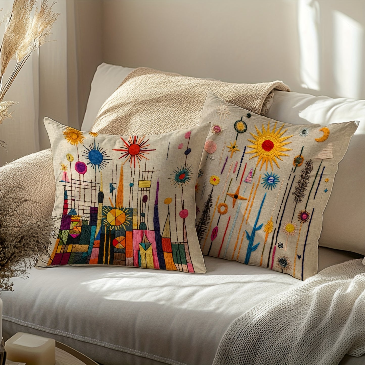 2D printing, 4pcs, abstract pillow set, with beige as the base, presenting elements such as sun and geometric shapes, full of artistic sense, non real embroidery. 45.72 * 45.72 cm, home decoration, suitable for sofas, living
