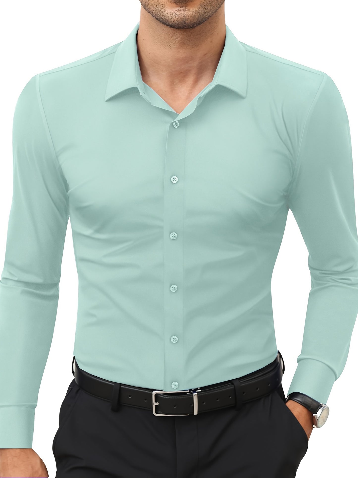 Men'S Slim Fit Long Sleeve Shirt - 55% Cotton, 40% Polyester, 5% Spandex, Solid Color, All-Season, Woven Fabric, Button-Up, Lapel Collar, Casual Weekend Wear, 125g/m²