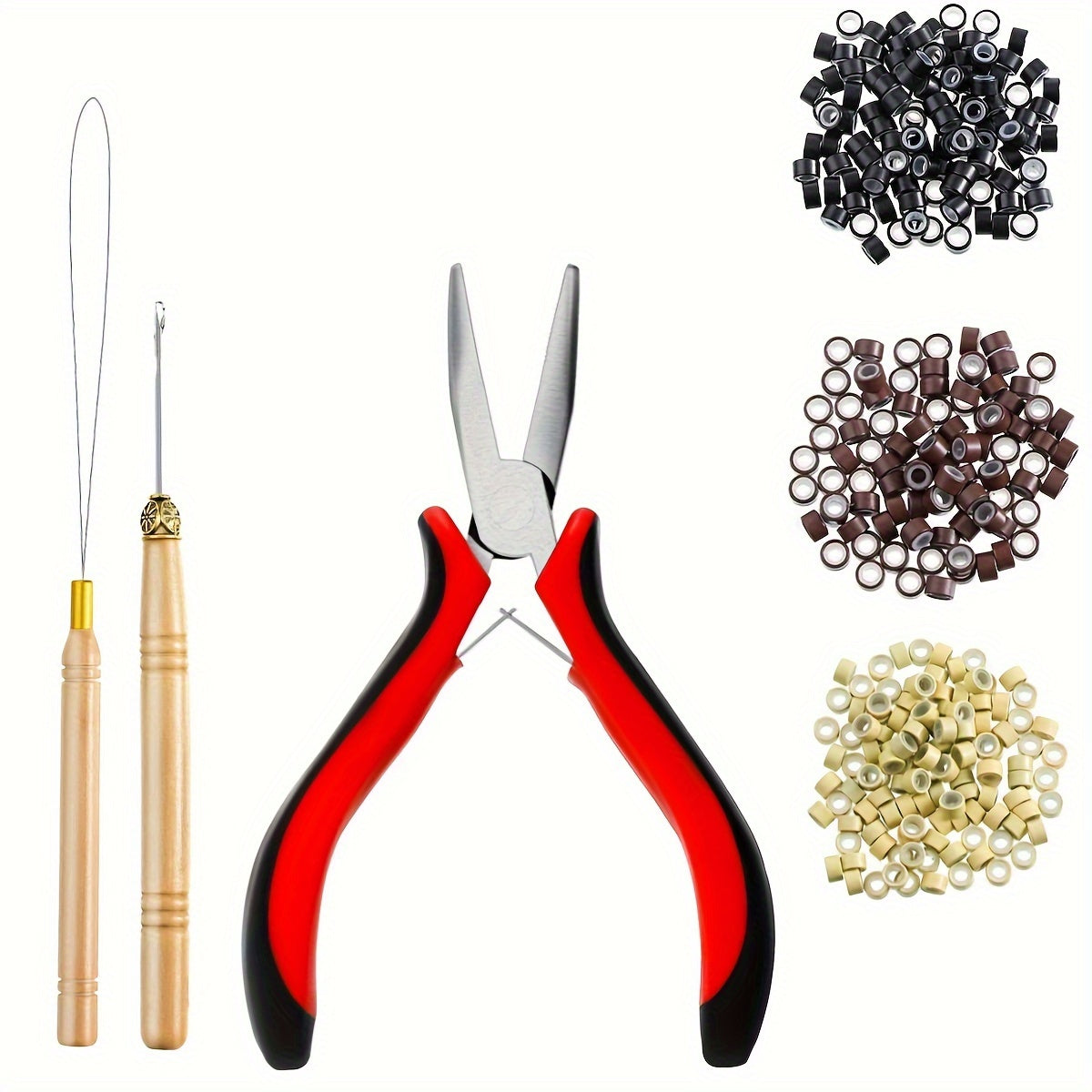 The cheapest hair extension kit on the whole network, equipped with 200 hair extension rings, 1 hair extension pliers, and 2 hair extension hooks