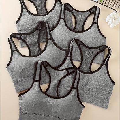 5pcs Women's High-Support Sports Bras - Removable Padding & Back Panel, Full-Coverage Tummy Control, Breathable Yoga Gym Bras with Multi-Color Options (Black/Dark Grey/Navy/Beige/Pink) - Moderate Lift for Heavy Breasts, Hand