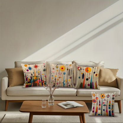 2D printing, 4pcs, abstract pillow set, with beige as the base, presenting elements such as sun and geometric shapes, full of artistic sense, non real embroidery. 45.72 * 45.72 cm, home decoration, suitable for sofas, living