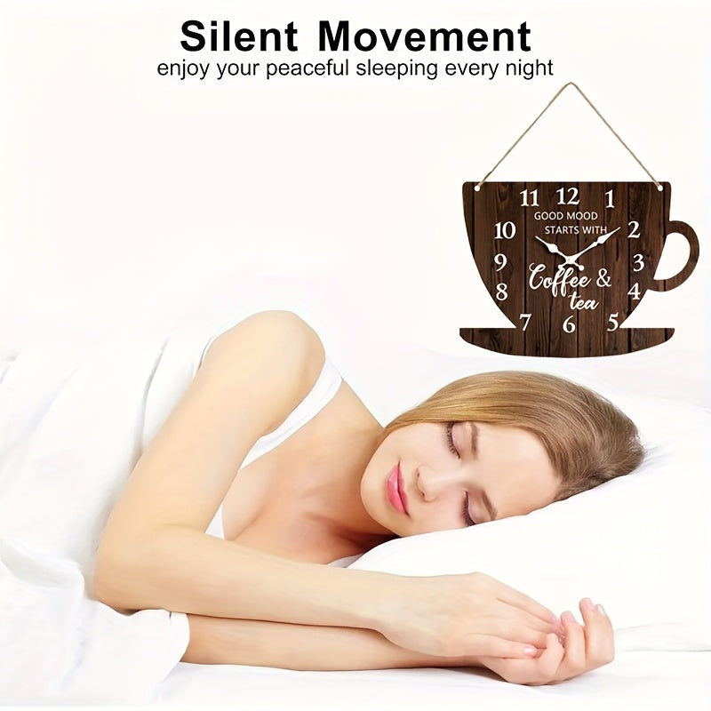 1pc Unique Clock, Coffee Cup Shaped Creative Wall Clock with Arabic Numerals Design in Dark Wood Tone, Silent Quartz Wooden Timepiece for Bedroom, Living Room, Office, Kitchen & Bathroom - Battery Operated (Batteries Not Incl