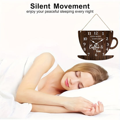 1pc Unique Clock, Coffee Cup Shaped Creative Wall Clock with Arabic Numerals Design in Dark Wood Tone, Silent Quartz Wooden Timepiece for Bedroom, Living Room, Office, Kitchen & Bathroom - Battery Operated (Batteries Not Incl