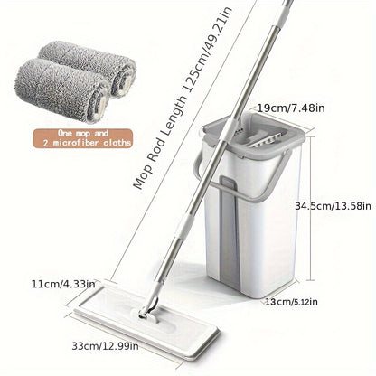 Wet and Dry Mop Set, Flat Mop with Built-in Scraper and Bucket, Suitable for Kitchen, Bathroom, Bedroom, and Living Room Floors, Plastic and Stainless Steel Handle, Rotating Washable Mop System, Cleaning Tool