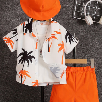 Boys' Summer Fashion Street Shirt Three-piece Set Only Selling Hats, Shirts and Shorts, Perfect for Outdoor