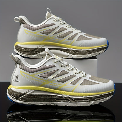 Men's All-Season Breathable Sneakers - Non-Slip Cushioned MD Sole, White/Gray/, Lace-Up Mid-Top Sneakers for Running, Gym, Hiking, Everyday - Extended Sizes Available, Outdoor Activities, Geometric Pattern, Secure Fit, Versat