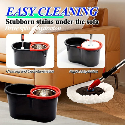 Spin mop and bucket, 360° spin mop, dust removal tool integrated soak and rinse function, with 2 microfiber mop heads, hands-free wash mop, retractable stainless steel handle, for floor cleaning, cleaning supplies