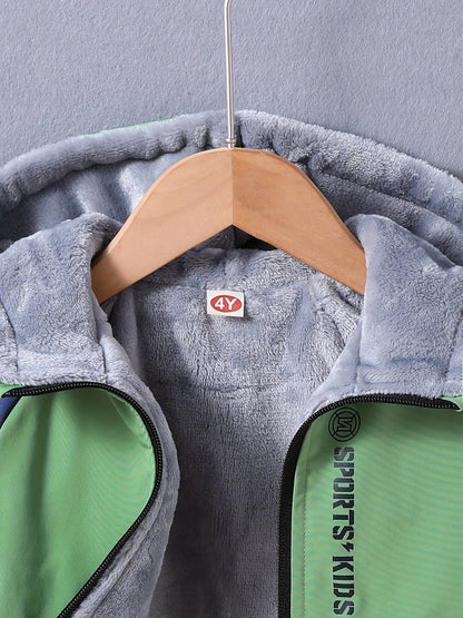 Boys' Casual Hooded Windbreaker Jacket, 100% Polyester, Long Sleeve Raglan Zip-Up Outdoor Coat with Alphabet Pattern, Non-Stretch Fabric, Regular Fit for Fall/Winter - Warm & Windproof