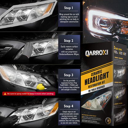 QARROXI Cefor ramic Headlight Restoration Kit, 3-Step DIY Headlight Renewal, UV Blocking Clear Coat, Enhanced Light Output & Beam Precision, Durable Fabric Material, with Compatible Multiple Models for Uncharged