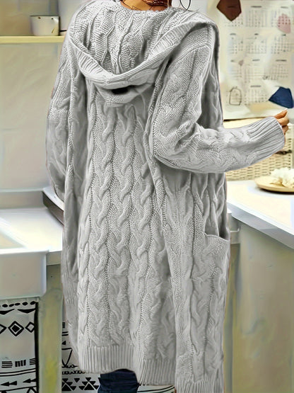 Women's Mid-Length Hooded Cardigan - Soft Stretchy Solid Color Long Sleeve Open Front Sweater with Pockets, Machine Washable Casual Elegance for Fall Winter, Everyday Comfort Wear, Stylish Hooded Design, Comfortable Fit