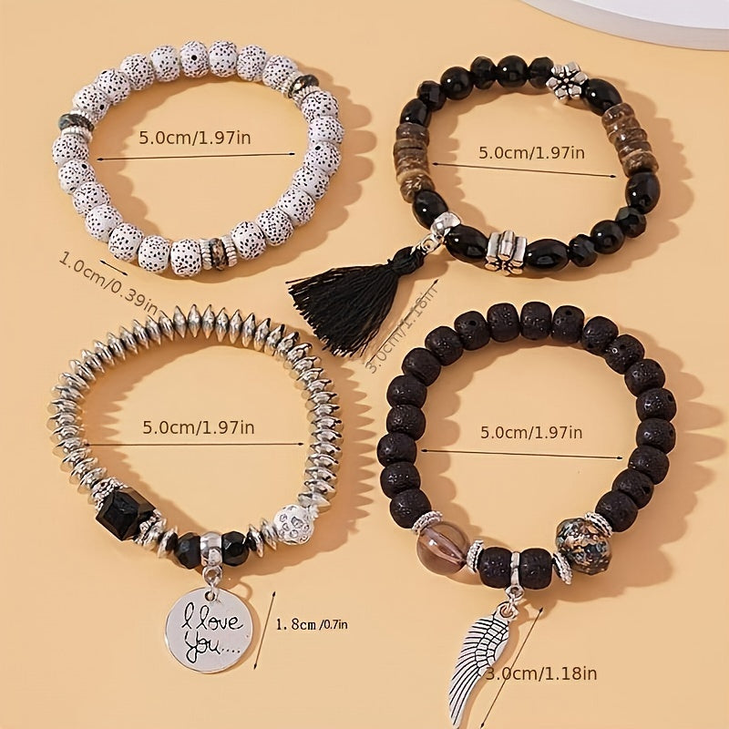 4pcs Bohemian Ethnic Style Winged Tassel Beaded Bracelets, Women's Fashion Jewelry, Versatile for Casual Attire and Perfect Holiday Gift for Girlfriend or Wife!