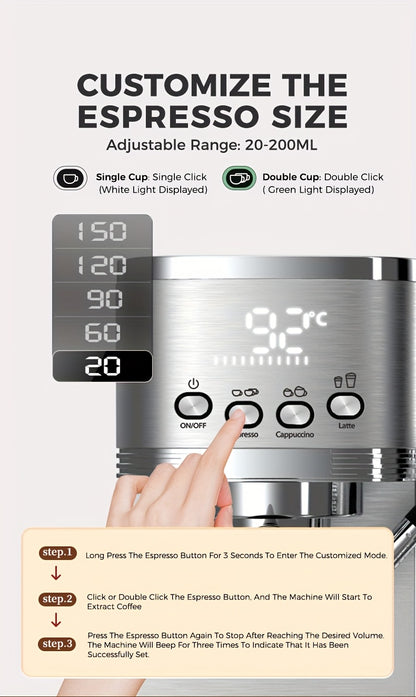 CAFELFFE Semi-Automatic Espresso Machine MK801 with Automatic Milk Frothing System, One-Touch Operation for Espresso, Latte & Cappuccino, 20BAR High Pressure, 1.3L Water Tank & 0.7L Milk Tank, Self-Cleaning Function, 1350W Po