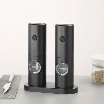 Single or Double Pack Options, Includes Base for Two-Pack - Electric Salt and Pepper Grinder with One Hand Operation, Battery Powered, Adjustable Coarseness, LED Light & Stand, Suitable for Kitchens, Food Seasoning Device, Di