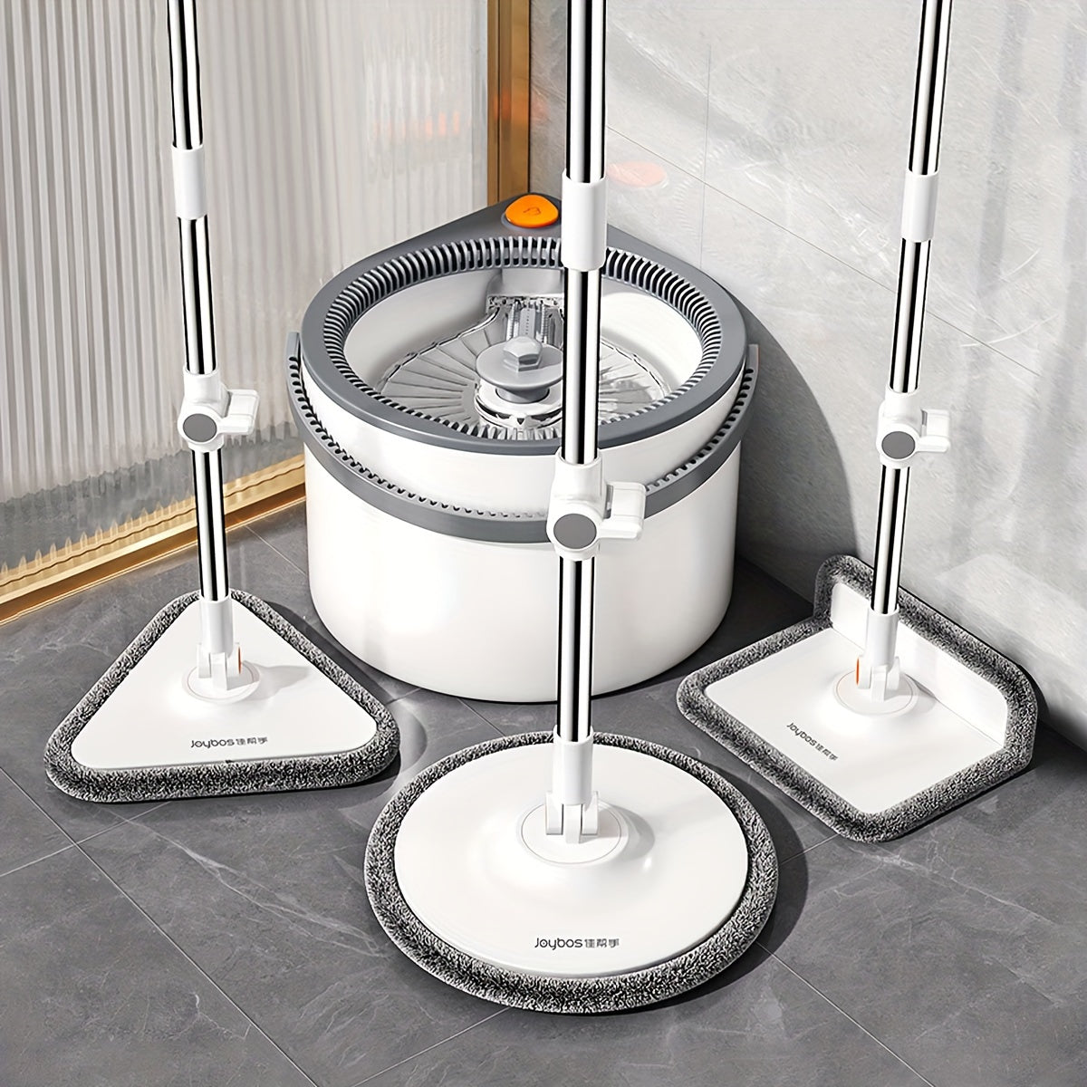 Joybos Spin Mop and Bucket System with Hands-Free Self-Cleaning, Heavy-Duty Metal Construction, 3 Mop Heads (Flat, Corner, Heavy-Duty), Dual Compartment Bucket - Quick-Dry Microfiber Pads for Hardwood, Tile, Vinyl, Laminate F
