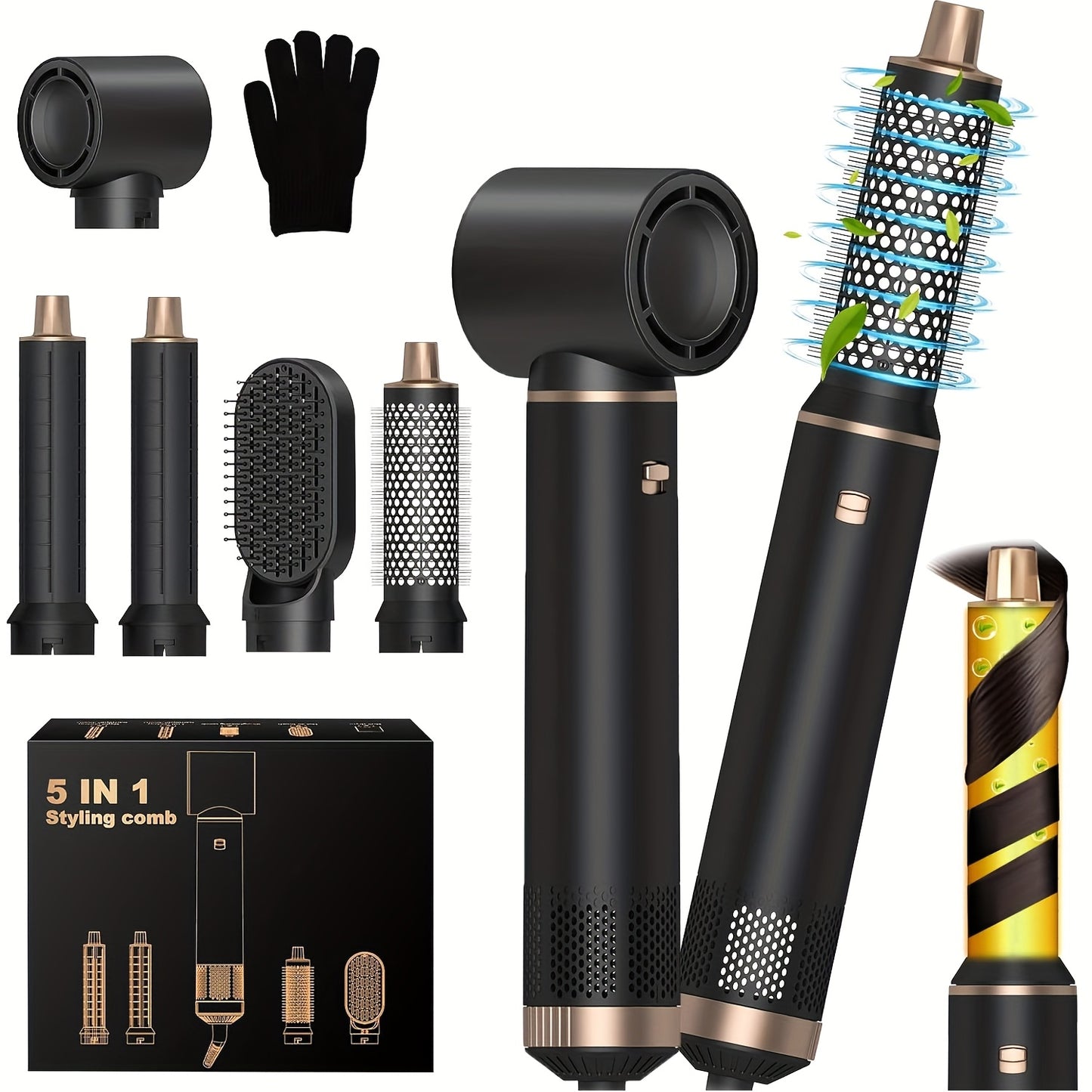 Escova Modeladora de Ar Quente 5 em 1 – Alisador e Modelador de Caracóis Elétrico com Acessórios Intercambiáveis, Escova de Ar Quente para Cabelo Seco ou Molhado, Produtos para Alisar, Secar e Modelar o Cabelo