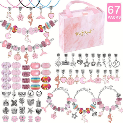 Kit de pulseiras DIY com 67 peças, incluindo 60 charms, 3 pulseiras e 3 colares. Ideal para presentes de aniversário, Natal, Ano Novo e Dia dos Namorados.