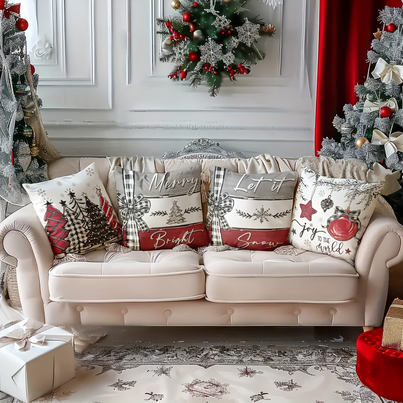 Conjunto de 4 capas de almofada de Natal, 44,96 cm x 44,96 cm, poliéster super macio, reversíveis com estampas de Pai Natal e renas, com fecho de correr - ideais para sofá, sala de estar e decoração de quarto (enchimento não incluído).