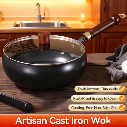 Hand-Forged Large Bellied Iron Wok - Non-Stick Deep Round Frying Pan with Wooden Handle, Heavy-Duty Cast Iron Cookware for Stir-Frying, Braising, Braising Pot, Traditional Cooking Pot, Durable Cooking Pot