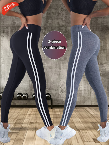 2pcs Women'S High-Waisted Yoga Pants - Breathable, Comfortable, and Tummy Control Workout Leggings with Side Stripes, Stretchy Fabric for Outdoor Fitness and Casual Wear, High Waisted Leggings