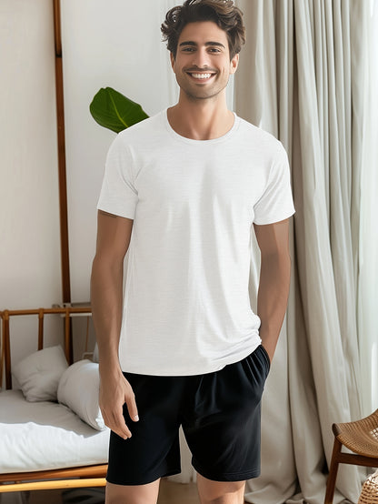 Conjunto de 4 t-shirts casuais para homem de cor sólida, estilo simples, manga curta e gola redonda, ideais para usar em casa, como pijama ou para atividades ao ar livre no verão.
