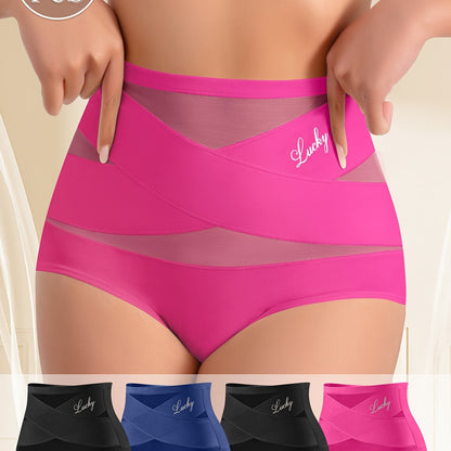 4pcs MEIYATING Women's High-Waist Briefs - Tummy Control Breathable Mesh Underwear, Elegant Solid Color Panties (Pink/Blue/Black/White) - Soft Polyester, Hand Wash Only, Tummy Control Underwear, Everyday Comfort, Crossover Fr