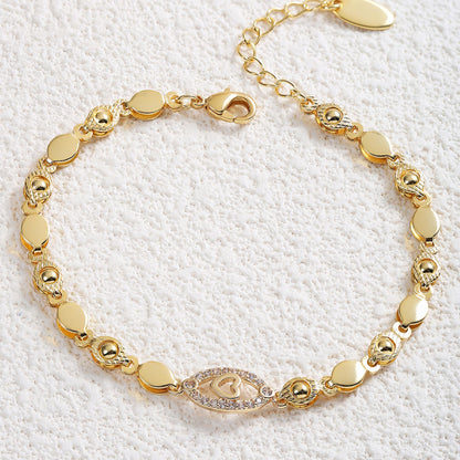 Elegant 18K Golden Plated Copper Bracelet with Synthetic Cubic Zirconia, Heart and Leaf Motif Openwork Design for Daily Wear and Special Occasions