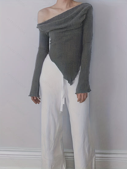 Solid Ruched Asymmetrical Neck T-Shirt, Casual Hanky Hem Long Sleeve Top For Spring & Fall, Women's Clothing