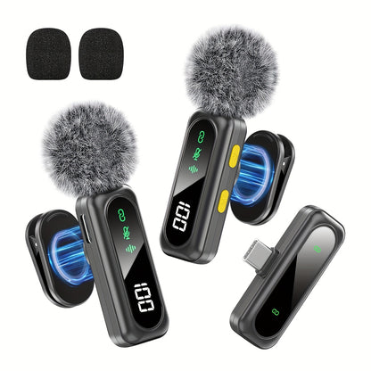 HITOZON Professional Wireless Lavalier Microphone with LED Power Display, Plug & Play, USB-C, Rechargeable Battery, Ideal for Content Creators, Live Streaming, Podcasting - Sleek Black Design with Fluffy Pom-Pom, Wireless Mic