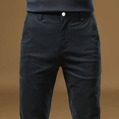 Men's Solid Navy Blue Straight-Leg Dress Pants - All-Season Full-Length Formal & Business Casual Trousers with Zipper Closure, Machine Washable, Durable Comfort Fit for Office, Semi-Formal & Casual Attire - Versatile Solid Co