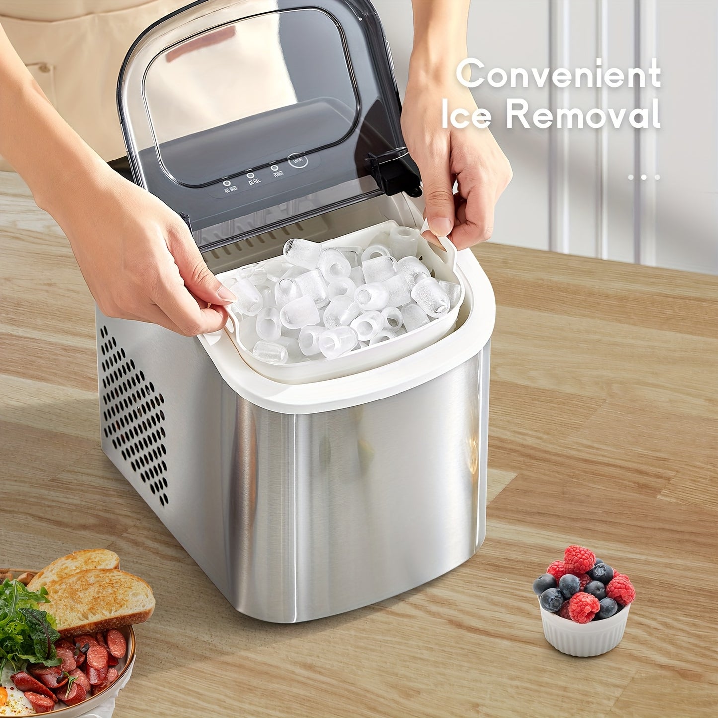 Máquina de gelo portátil, para bancada, produz 9 cubos de gelo em 6 minutos, 12 kg em 24 horas, inclui pá e cesto para gelo, ideal para casa, cozinha ou escritório, em aço inoxidável.